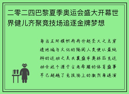 二零二四巴黎夏季奥运会盛大开幕世界健儿齐聚竞技场追逐金牌梦想